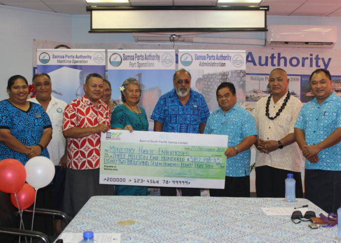 Samoa Ports Authority returns $3.2 million tala dividend for financial year ended  30 June 2021.