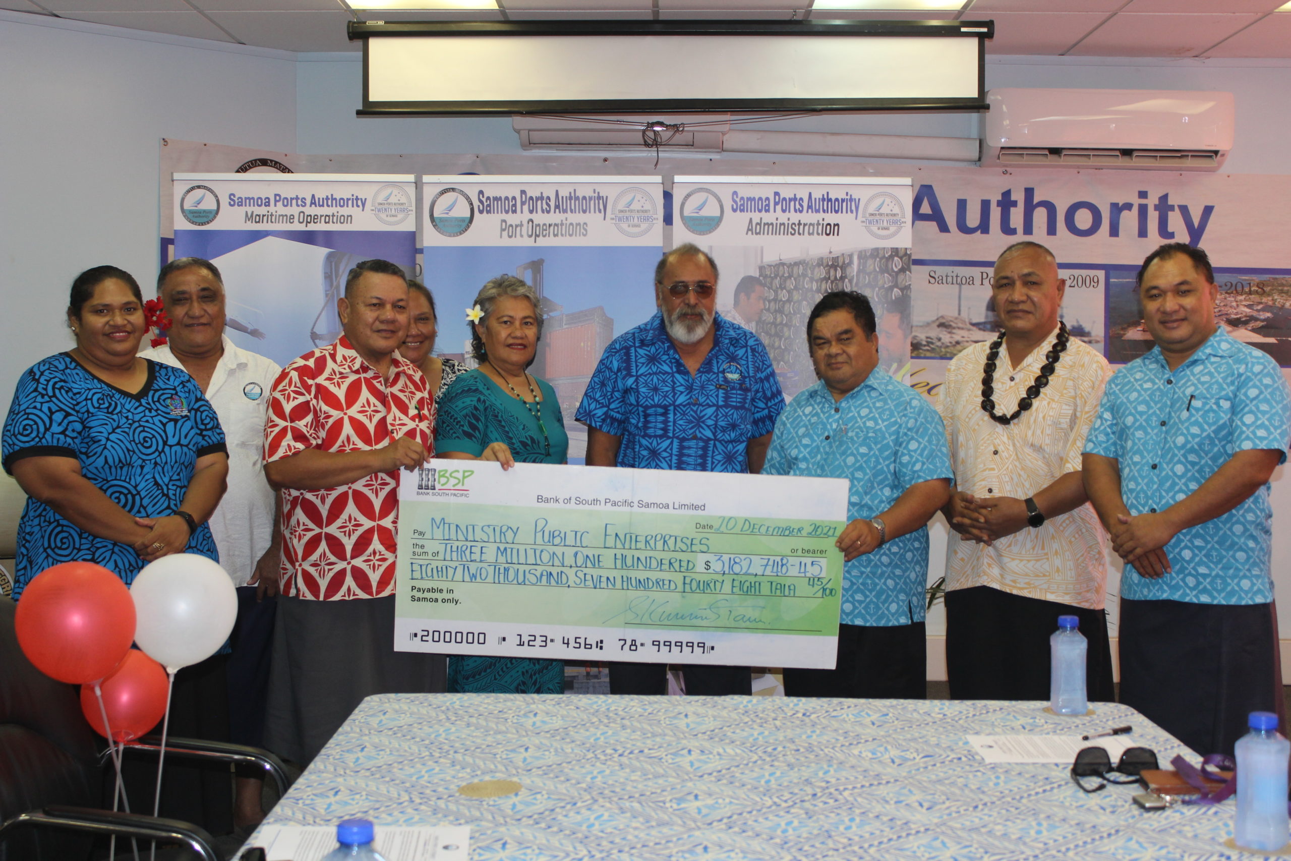 Samoa Ports Authority returns $3.2 million tala dividend for financial year ended  30 June 2021.