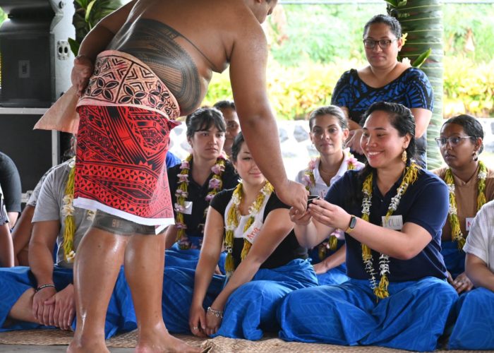 Peace Corps Volunteer Group 93 welcomed by an ava ceremony by the Ministry of Education, Sports and Culture.